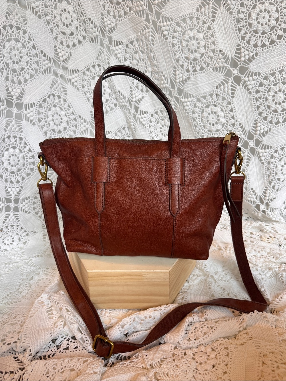Classic Brown Leather Tote Crossbody Bag